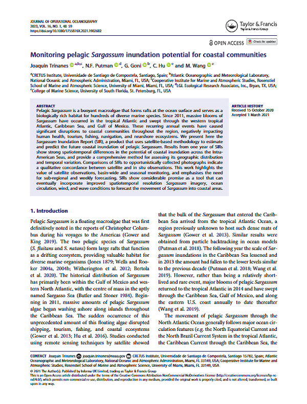 Primera página de la publicación &quot;Monitoring pelagic Sargassum inundation potential for coastal communities&quot;. 2023