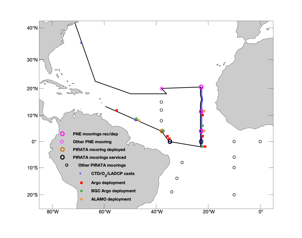 Map of the cruise track for the 2022 PIRATA Northeast Extension cruise.