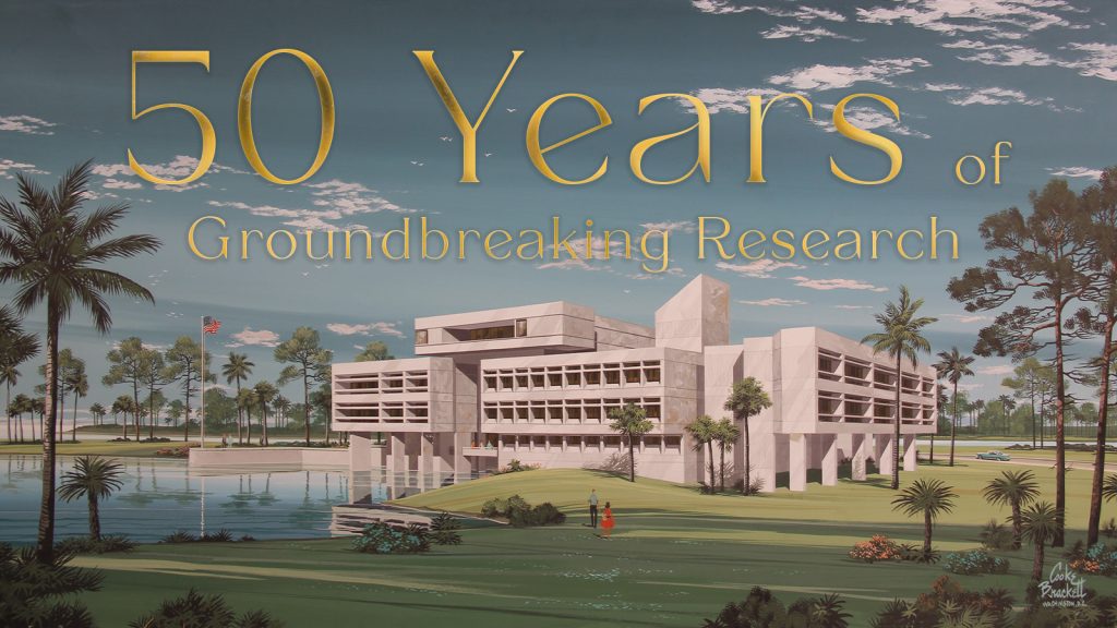 Representación arquitectónica del edificio del AOML con letras doradas superpuestas que dicen 50 años de investigación pionera.