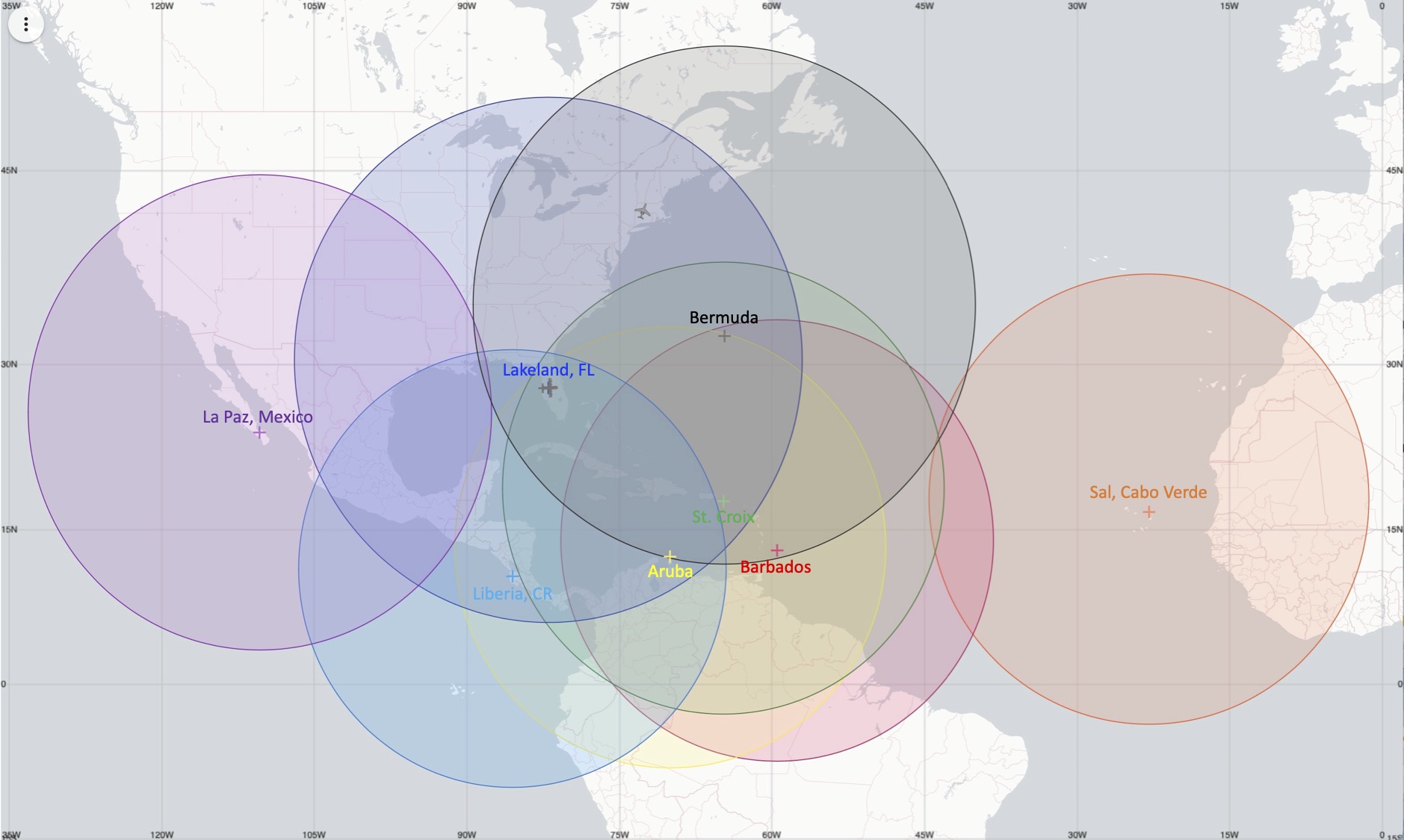 2023 Hurricane Filed Program Operational Flight Map of The G-IV Aircraft Depicts 8 circles indicating aircraft range, centered on La Paz, Mexico; Lakeland, FL; Bermuda; Liberia Costa Rica; Aruba; St Croix; Barbados & Sal, Cabo Verde. The circles are somewhat larger than those of the P-3