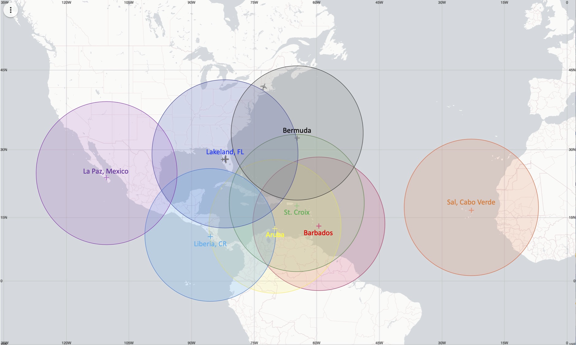2023 Huracán Archivó el Mapa Operacional de Vuelo del Avión P-3 Representa 8 círculos que indican el alcance del avión, centrado en La Paz, México; Lakeland, FL; Bermuda; Liberia Costa Rica; Aruba; St Croix; Barbados &amp; Sal, Cabo Verde. Los círculos son algo más pequeños que los del GIV.