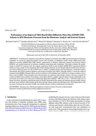 Performance of an improved TKE-based eddy-diffusivity mass-flux (EDMF) PBL scheme in 2021 hurricane forecasts from Hurricane Analysis and Forecast System. Image of a scientific paper.