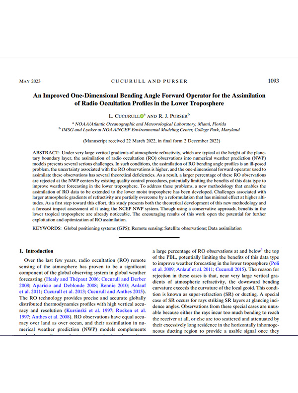 An Improved One-Dimensional Bending Angle Forward Operator for the Assimilation of Radio Occultation Profiles in the Lower Troposphere. Image of scientific paper.