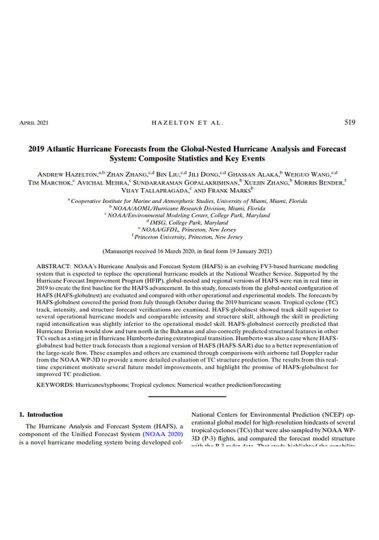 2019 Atlantic hurricane forecasts from the Global-Nested Hurricane Analysis and Forecast System (HAFS): Composite statistics and key events. Image of scientific paper.