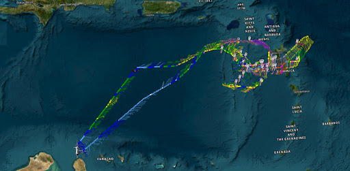 Mapa en color con la ruta de vuelo del P-3 de la NOAA desde Aruba a Fiona y viceversa.