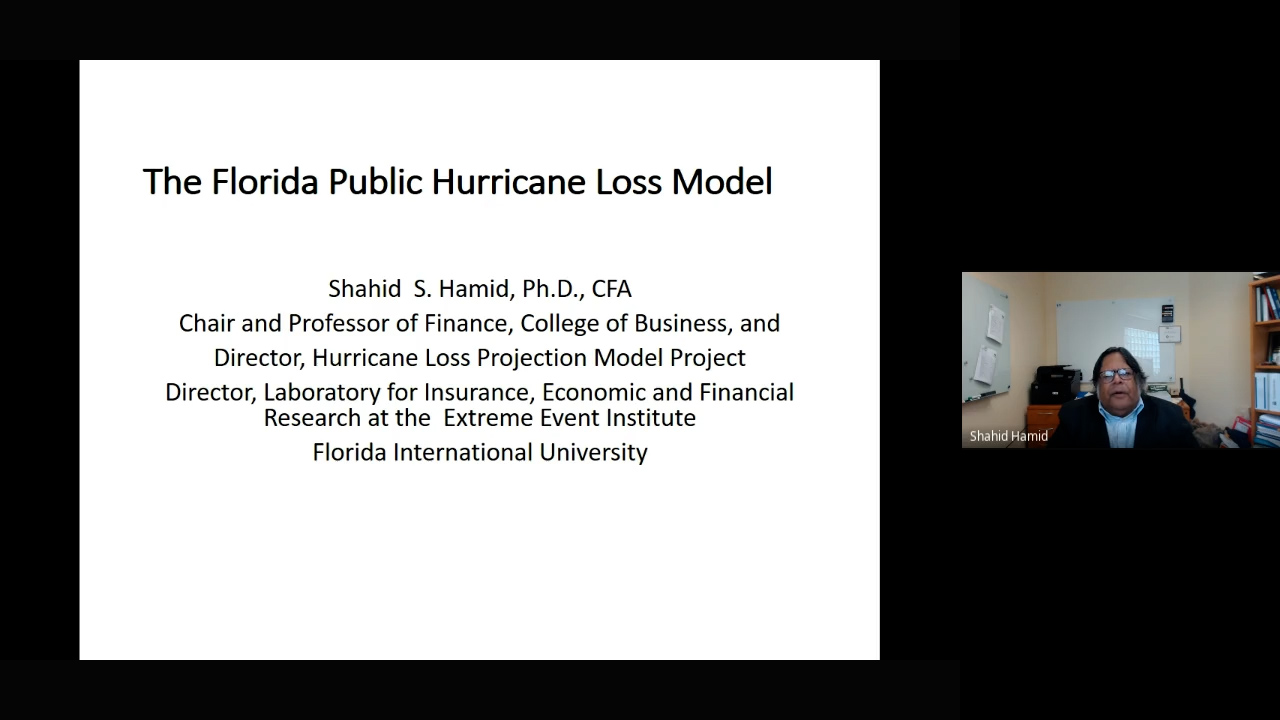 Title slide of presentation: The Florida Hurricane Loss Model by Dr. Shahid S. Hamid, PH.D., CFA; Chair and Professor of finance at the College of Business; Director of the Hurricane Loss Projection Model Project, and Director of the Laboratory for Insurance, Economic and Financial Research at the Extreme event Institute of Florida Atlantic University. April, 18th 2023 Clicking on the link will open the full seminar on youtube.
