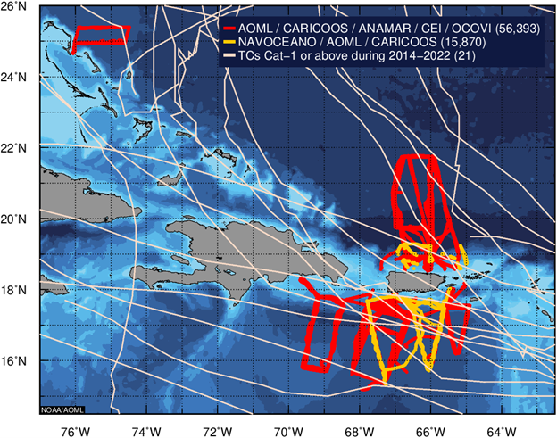 Map that shows the locations (red and orange tracks) of where more than 72,000 temperature, salinity, and dissolved oxygen profiles have been collected by the glider network in the Caribbean Sea and tropical North Atlantic Ocean over the past decade.  Gray lines show the track of 21 ­tropical cyclones that passed through the region.