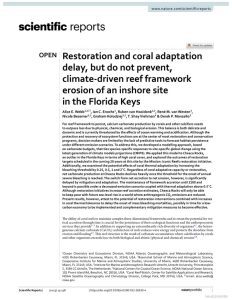 Front page of "Restoration and coral adaptation delay, but do not prevent, climate-driven reef framework erosion of an inshore site in the Florida Keys" Nature journal article