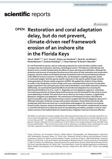 Front page of "Restoration and coral adaptation delay, but do not prevent, climate-driven reef framework erosion of an inshore site in the Florida Keys" Nature journal article