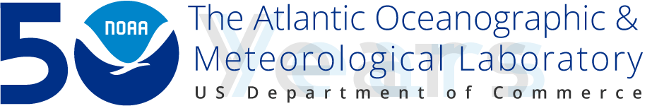50th Anniversary Banner logo for AOML the NOAA meatball logo is used as a zero in the number "50." Then it names AOML and the Dept of Commerce overlaying tinted letters that say "years"