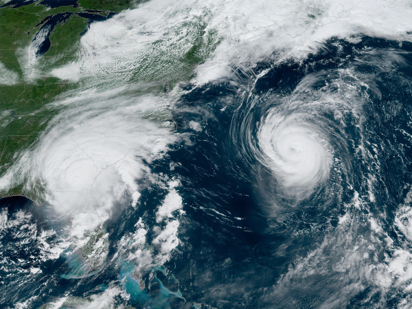 NOAA Satelite image of hurricanes Franklin and Idalia near the Southeastern United States