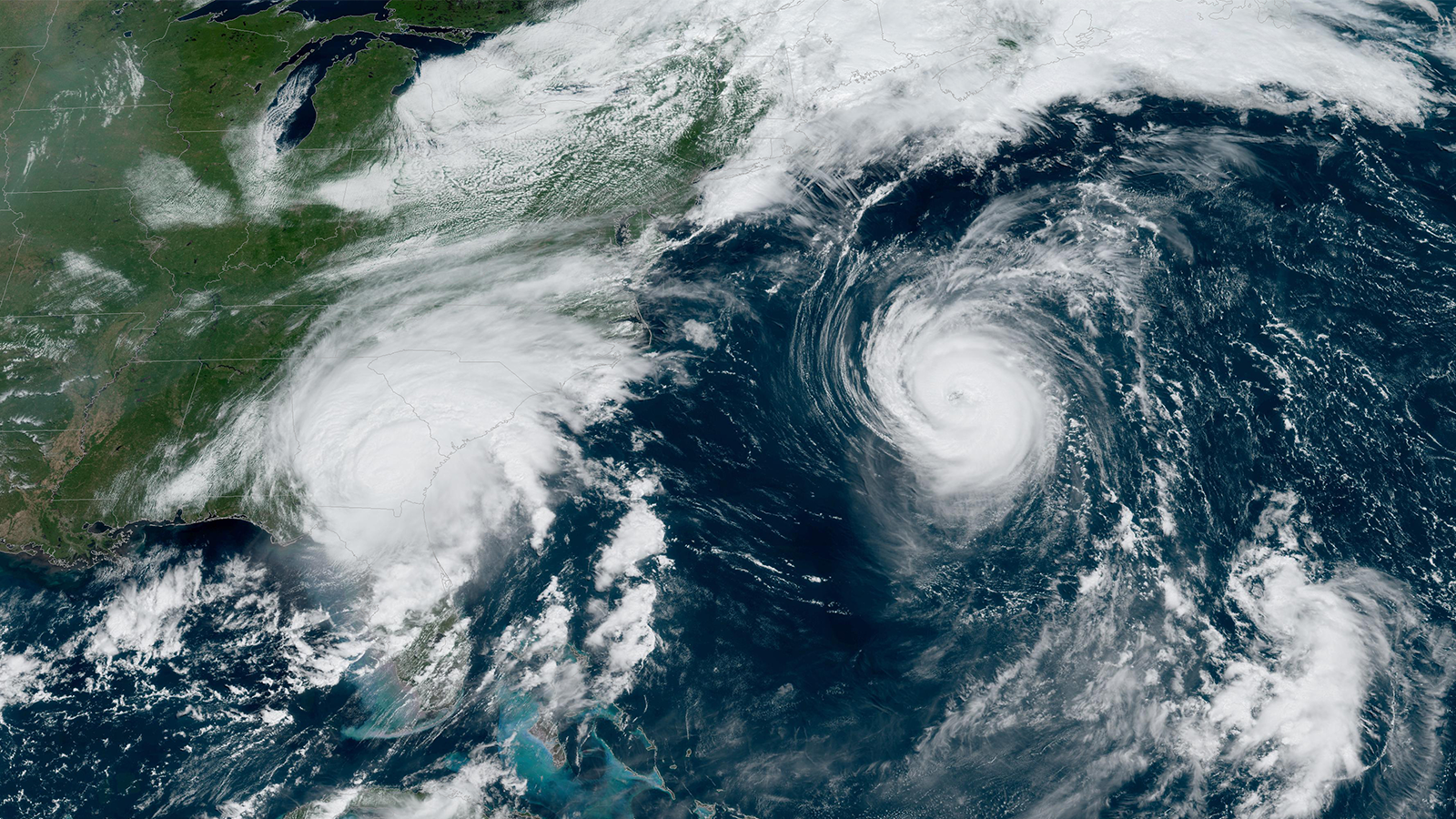 NOAA Satelite image of hurricanes Franklin and Idalia near the Southeastern United States
