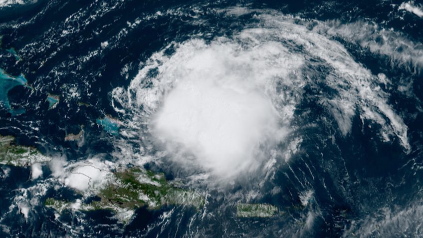 image of Hurricane Franklin early in cyclogenesis. It is over the Atlantic and does not have an eye.