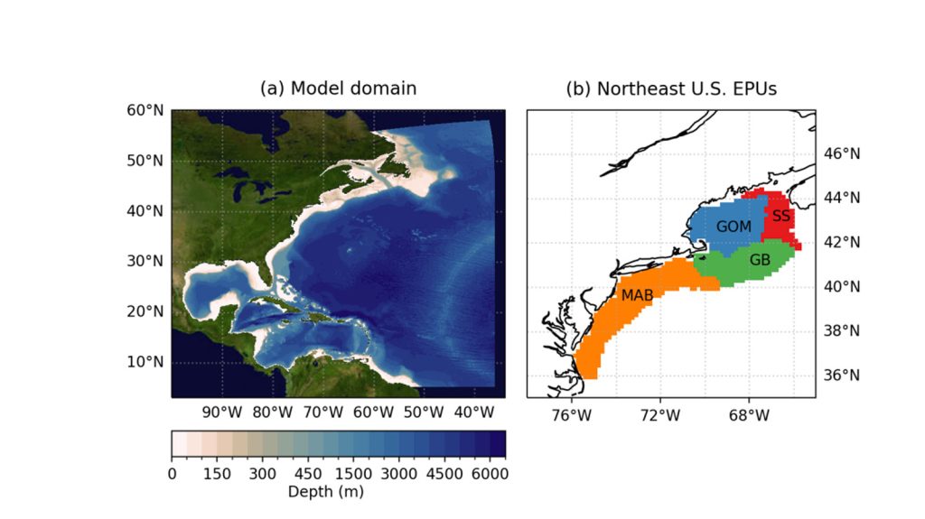 Modeling-Revised Mapa del dominio del modelo del noreste a la izquierda y mapa ampliado del dominio a la derecha con las distintas zonas del EPUS de EE.UU.