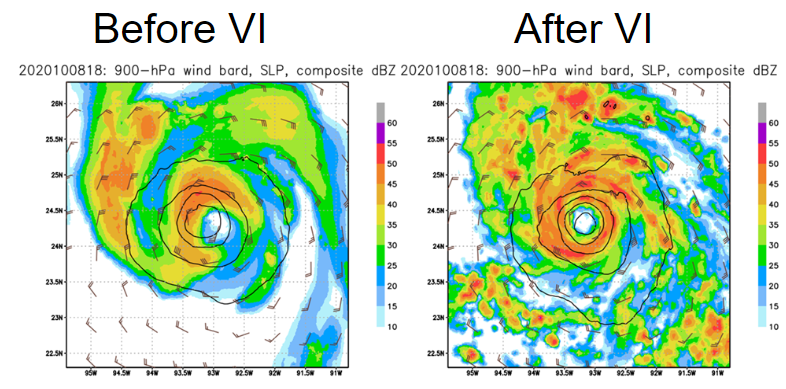 The left image demonstrates a less detailed picture of the storm before the integration of vortex initialization. The colors are more blended together, and less detail is provided regarding the location of the eye and surrounding features. The image on the right demonstrates the output after the incorporation of vortex initialization, which provides significantly greater detail and cohesion.