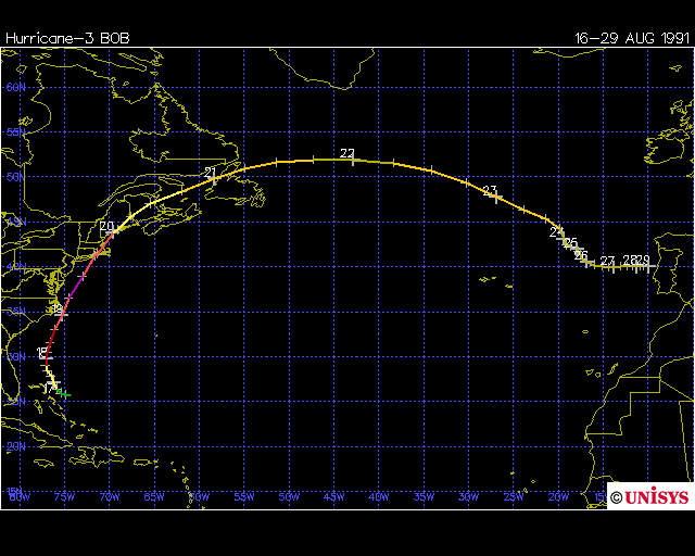 Track of Hurricane Bob 1991 (Unisys)