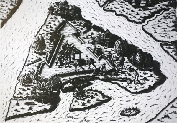 Illustration of the building of Fort Caroline (Histoire de la Marine, de la voile à l'atome, Philippe Masson)