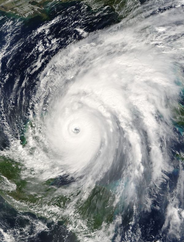 Hurricane Wilma on Oct. 21, 2005, about to strike the Yucatan. (NASA/MODIS)