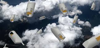images Computer generated image shows several white Skyfora streamsondes falling through the clouds towards the surface.