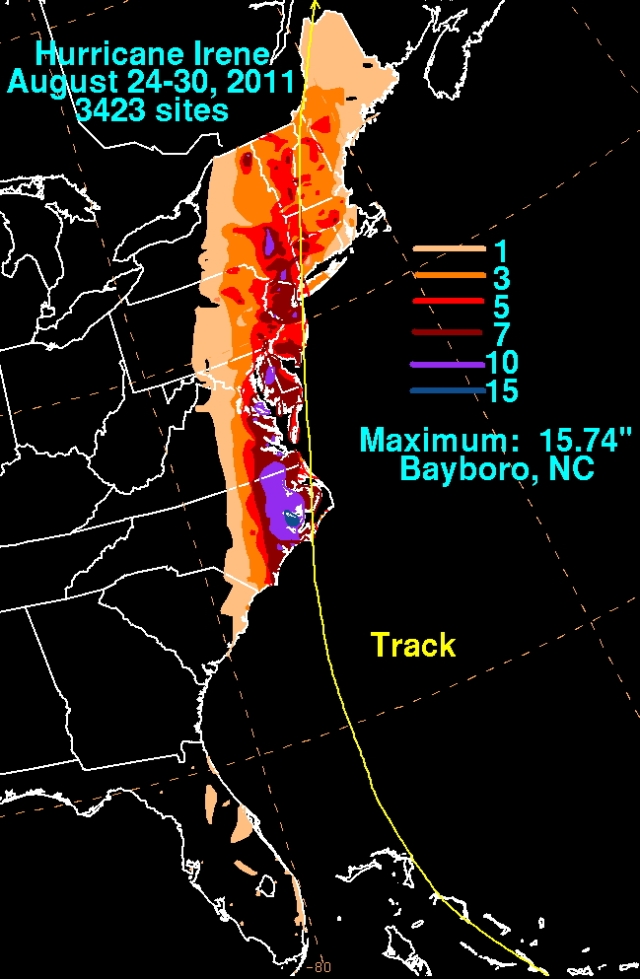 Irene's rainfall in the U.S. (NOAA/WPC)