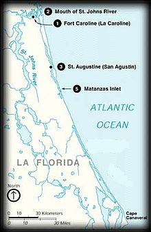 Map showing Ft. Caroline, St. Augustine, and Matanzas Inlet