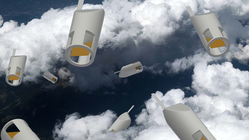 CGI image shows streamsondes falling through the atmosphere after being released from the aircraft. The sondes are depicted falling through clouds and taking measurements as they fall.