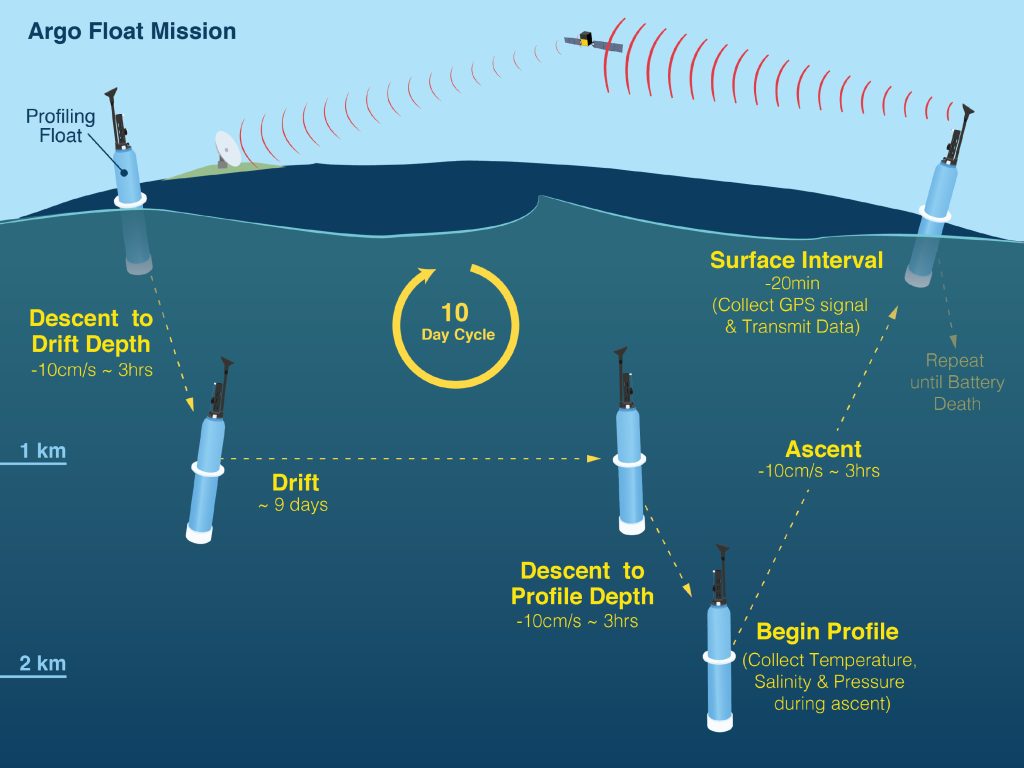 Graphic showing an Argo float's 10 day mission cycle. (Image credit: Woods Hole Oceanographic Institution)